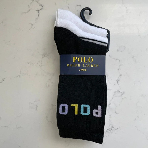 Polo Ralph Lauren 3 Pairs Polyester Spdex Socks Blk Wht Multi Color Logo OS NWT - Picture 2 of 7